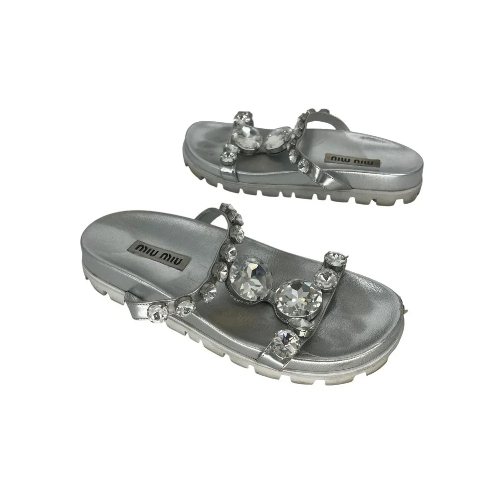 Miu Miu Argento Crystal Embellished Platform Slide Sandals Silver Size 39.5